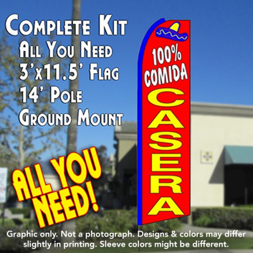 100% COMIDA CASERA (Red) Flutter Feather Banner Flag Kit (Flag, Pole, & Ground Mt)