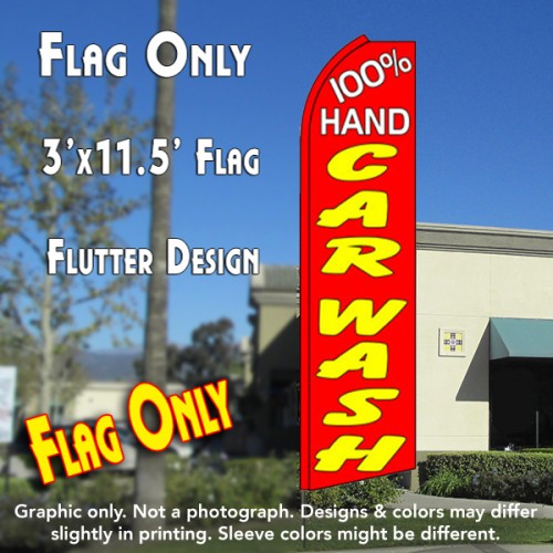100% HAND CAR WASH (Red) Flutter Feather Banner Flag (11.5 x 3 Feet)