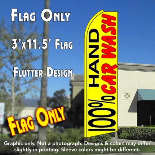 100% HAND CAR WASH (Yellow) Flutter Feather Banner Flag (11.5 x 3 Feet)