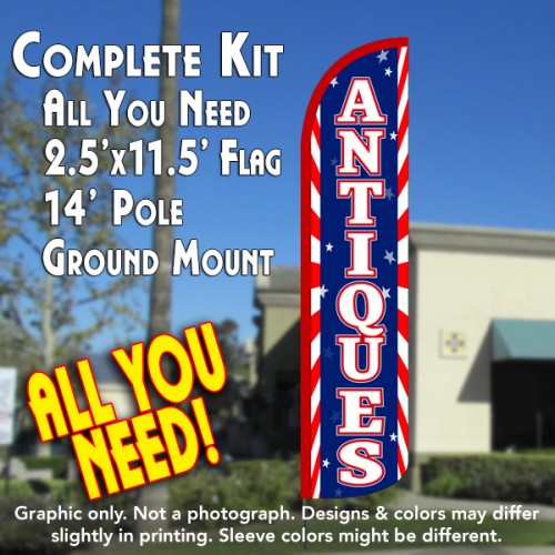 ANTIQUES (Sunburst) Windless Feather Banner Flag Kit (Flag, Pole, & Ground Mt)