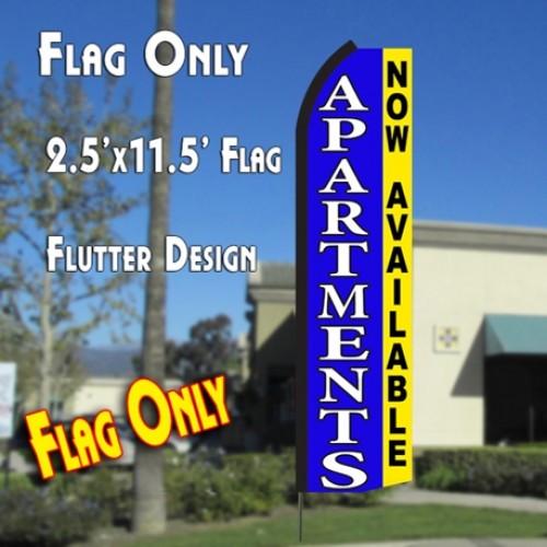 APARTMENTS NOW AVAILABLE (Blue/Yellow) Flutter Polyknit Feather Flag (11.5 x 2.5 feet)