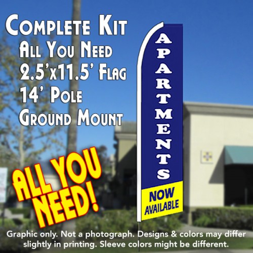 APARTMENTS NOW AVAILABLE (Blue/Yellow) Flutter Feather Banner Flag Kit (Flag, Pole, & Ground Mt)