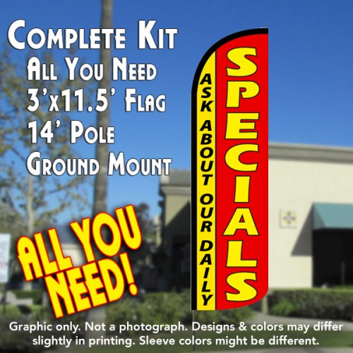 Ask About Our Daily Specials Windless Feather Banner Flag Kit (Flag, Pole, & Ground Mt)