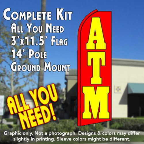 ATM (Red) Flutter Feather Banner Flag Kit (Flag, Pole, & Ground Mt)