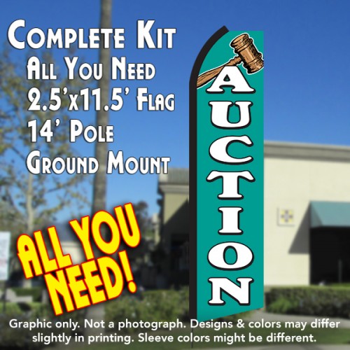 AUCTION (Green/White) Flutter Feather Banner Flag Kit (Flag, Pole, & Ground Mt)