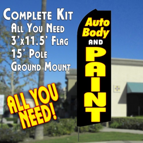 AUTO BODY AND PAINT (Black) Flutter Feather Banner Flag Kit (Flag, Pole, & Ground Mt)