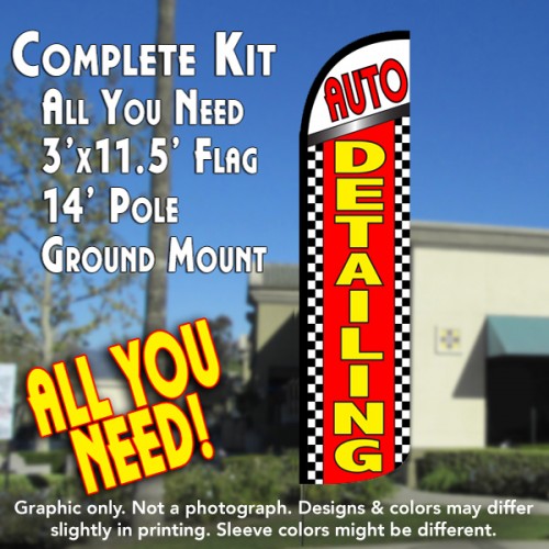 AUTO DETAILING (Red/Checkered) Windless Feather Banner Flag Kit (Flag, Pole, & Ground Mt)
