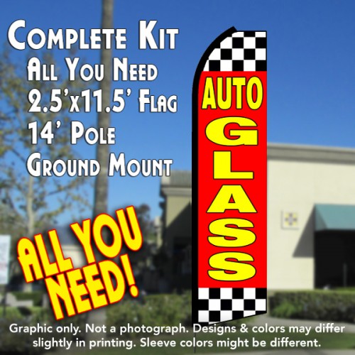 AUTO GLASS (Red/Checkered) Flutter Feather Banner Flag Kit (Flag, Pole, & Ground Mt)