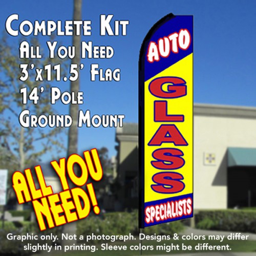 AUTO GLASS SPECIALISTS (Blue/Yellow)  Flutter Feather Banner Flag Kit (Flag, Pole, & Ground Mt)