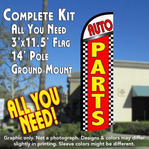 Auto Parts (Checkered) Windless Feather Banner Flag Kit (Flag, Pole, & Ground Mt)