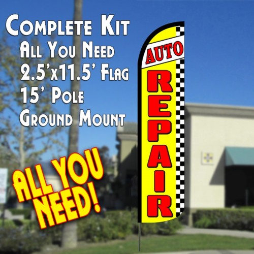AUTO REPAIR (Yellow/Checkered) Windless Feather Banner Flag Kit (Flag, Pole, & Ground Mt)