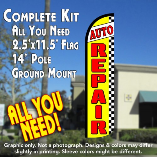 AUTO DETAILING (Yellow/Checkered) Windless Feather Banner Flag Kit (Flag, Pole, & Ground Mt)