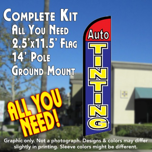 AUTO TINTING (Red/Blue) Windless Feather Banner Flag Kit (Flag, Pole, & Ground Mt)
