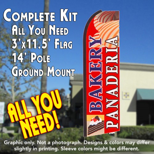 BAKERY/PANADERIA (R/B/W) Flutter Feather Banner Flag Kit (Flag, Pole, & Ground Mt)