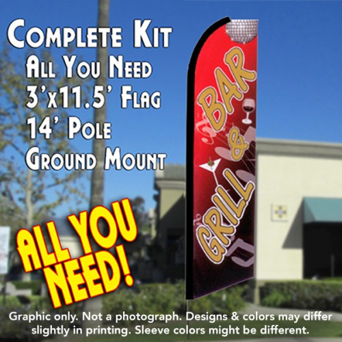 BAR & GRILL (Red/Black) Flutter Feather Banner Flag Kit (Flag, Pole, & Ground Mt)