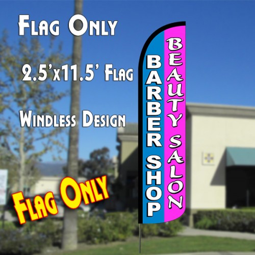 BARBER SHOP/BEAUTY SALON (Blue/Pink) Windless Polyknit Feather Flag (2.5 x 11.5 feet)