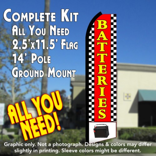 BATTERIES (Red/Checkered) Flutter Feather Banner Flag Kit (Flag, Pole, & Ground Mt)