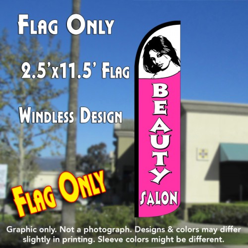 BEAUTY SALON (White/Pink) Windless Polyknit Feather Flag (2.5 x 11.5 feet)
