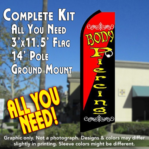 BODY PIERCING (Red/Black) Flutter Feather Banner Flag Kit (Flag, Pole, & Ground Mt)
