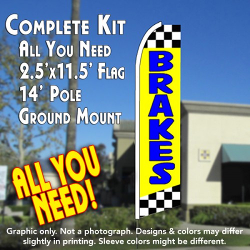 BRAKES (Yellow/Checkered) Flutter Feather Banner Flag Kit (Flag, Pole, & Ground Mt)