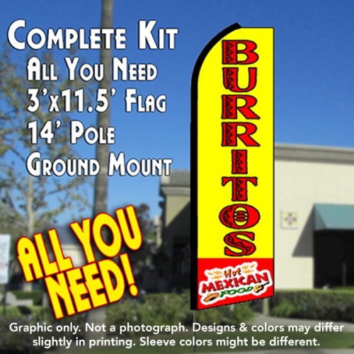 BURRITOS Hot Mexican Food (Yellow/Red) Flutter Feather Banner Flag Kit (Flag, Pole, & Ground Mt)