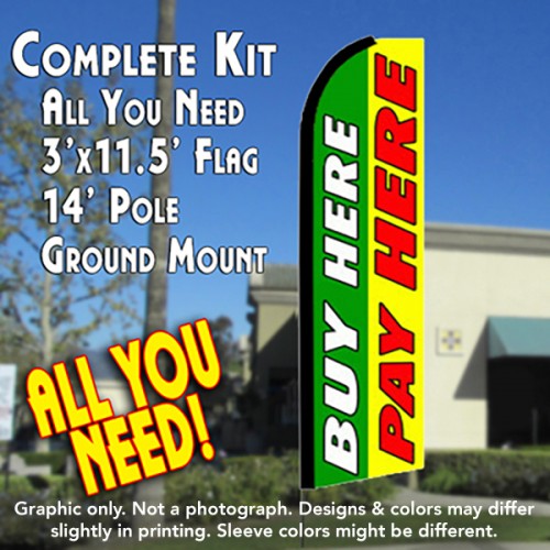 BUY HERE PAY HERE (Green/Yellow) Flutter Feather Banner Flag Kit (Flag, Pole, & Ground Mt)