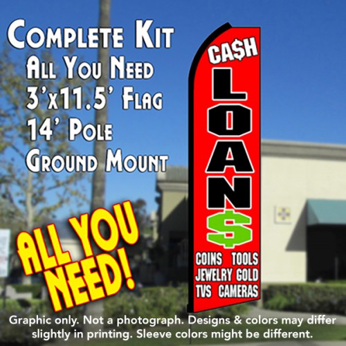 CA$H LOAN$ (Red) Flutter Feather Banner Flag Kit (Flag, Pole, & Ground Mt)
