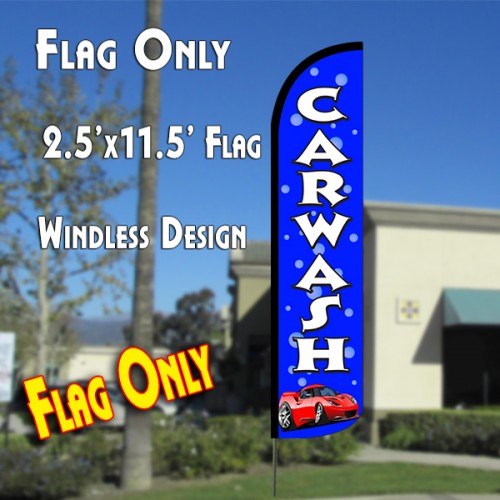 CAR WASH (Blue/Bubbles) Windless Polyknit Feather Flag (2.5 x 11.5 feet)