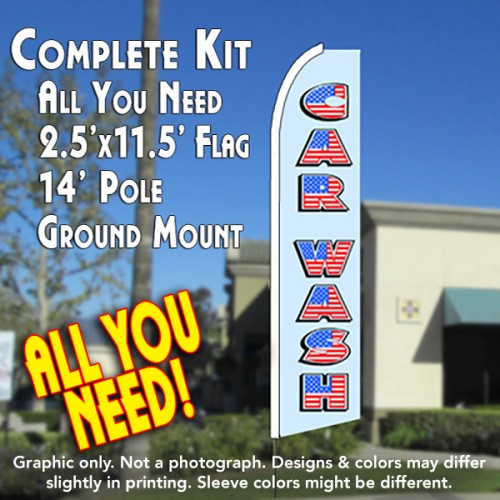 CAR WASH (Old Glory) Flutter Feather Banner Flag Kit (Flag, Pole, and Ground Mount)