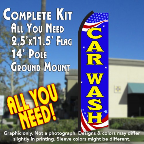 CAR WASH (Patriotic) Flutter Feather Banner Flag Kit (Flag, Pole, & Ground Mt)