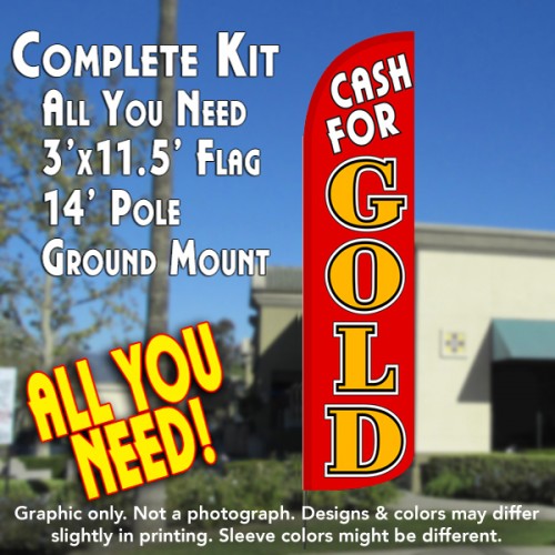 Cash for Gold (Red/Gold) Windless Feather Banner Flag Kit (Flag, Pole, & Ground Mt)