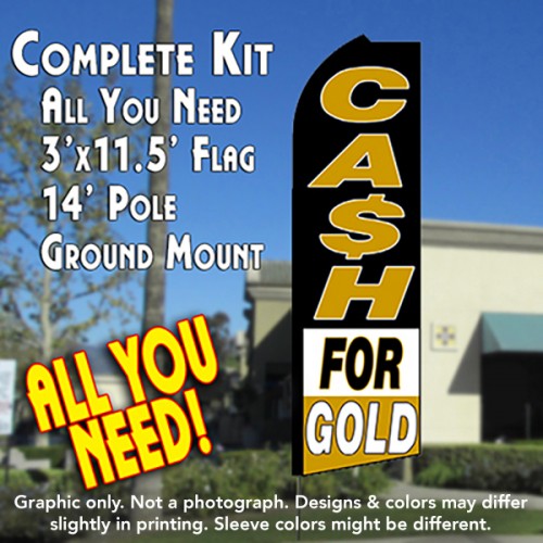 CASH FOR GOLD (Black/White/Gold) Flutter Feather Banner Flag Kit (Flag, Pole, & Ground Mt)