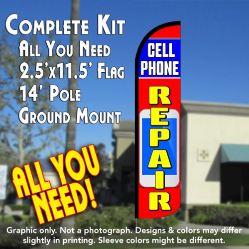 CELL PHONE REPAIR (Blue/Red) Windless Feather Banner Flag Kit (Flag, Pole, & Ground Mt)