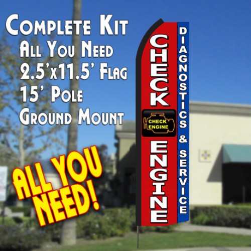 CHECK ENGINE Diagnostics & Service (Red/Blue) Flutter Feather Banner Flag Kit (Flag, Pole, & Ground Mt)