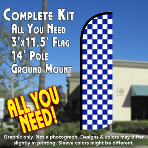 Checkered BLUE/WHITE Windless Feather Banner Flag Kit (Flag, Pole, & Ground Mt)
