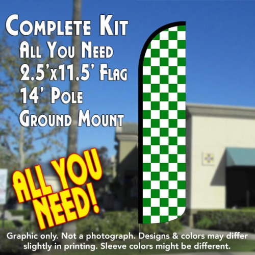 Checkered GREEN/WHITE Windless Feather Banner Flag Kit (Flag, Pole, & Ground Mt)