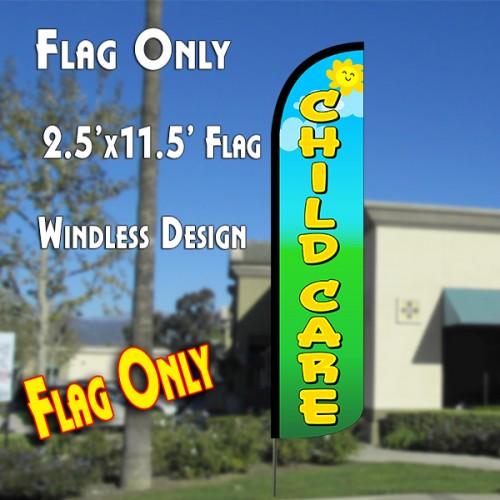 CHILDCARE (Blue/Green) Windless Polyknit Feather Flag (2.5 x 11.5 feet)