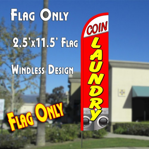 COIN LAUNDRY (White/Red) Windless Polyknit Feather Flag (2.5 x 11.5 feet)