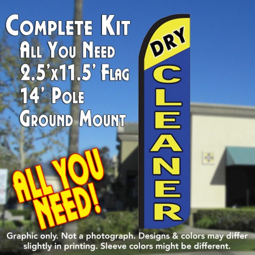 DRY CLEANER (Yellow/Blue) Windless Feather Banner Flag Kit (Flag, Pole, & Ground Mt)