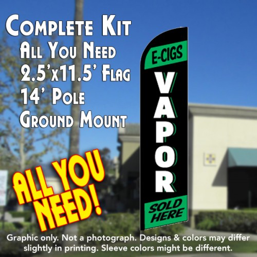 E-CIGS VAPOR (Green) Windless Feather Banner Flag Kit (Flag, Pole, & Ground Mt)