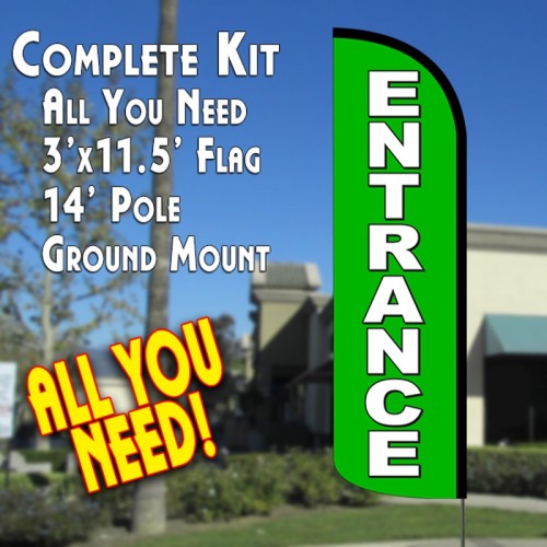 ENTRANCE (Green) Windless Feather Banner Flag Kit (Flag, Pole, & Ground Mt)