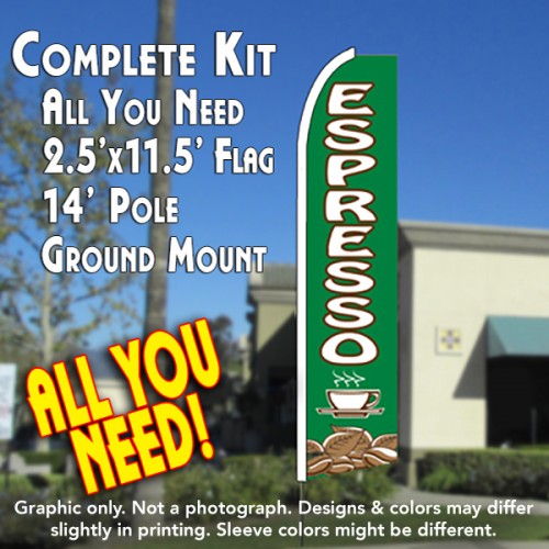 Espresso (Green) Flutter Feather Banner Flag Kit (Flag, Pole, & Ground Mt)