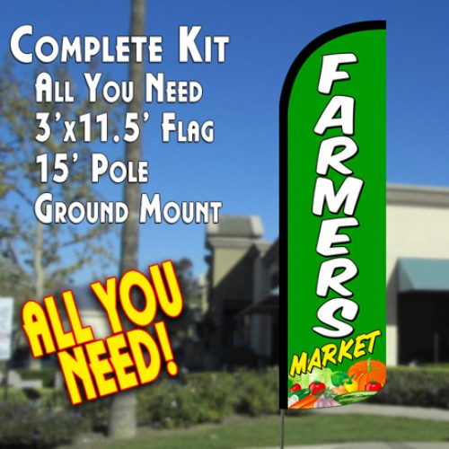 Farmers Market (Green) Windless Feather Banner Flag Kit (Flag, Pole, & Ground Mt)