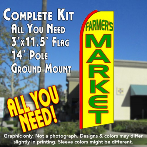 FARMERS MARKET (Yellow) Flutter Feather Banner Flag Kit (Flag, Pole, & Ground Mt)