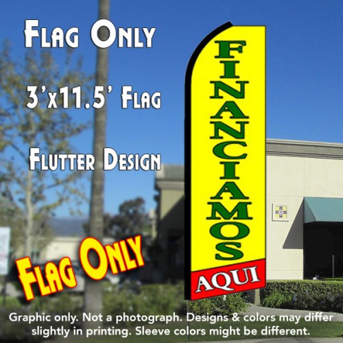 FINANCIAMOS AQUI (Yellow/Red) Flutter Feather Banner Flag (11.5 x 3 Feet)