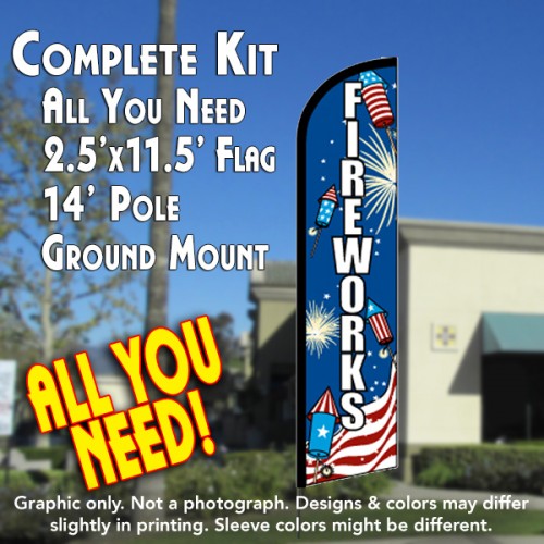 Fireworks (Rockets) Windless Feather Banner Flag Kit (Flag, Pole, & Ground Mt)