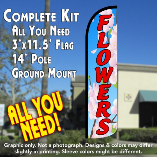 Flowers Windless Feather Banner Flag Kit (Flag, Pole, & Ground Mt)