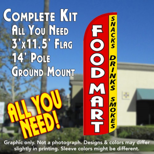 Food Mart (Snacks, Drinks, Smokes) Windless Feather Banner Flag Kit (Flag, Pole, & Ground Mt)