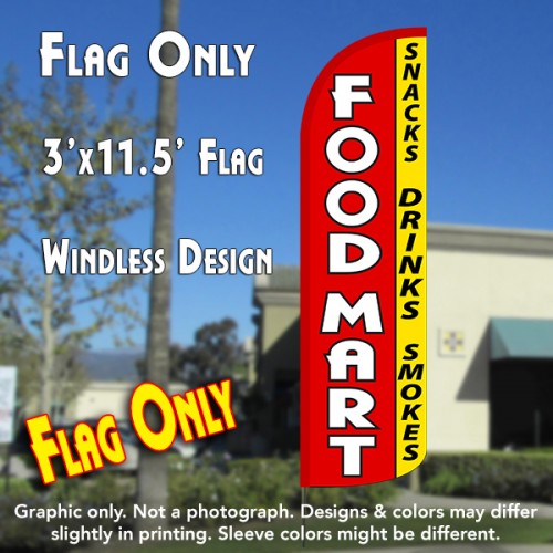 Food Mart (Snacks, Drinks, Smokes) Windless Polyknit Feather Flag (3 x 11.5 feet)