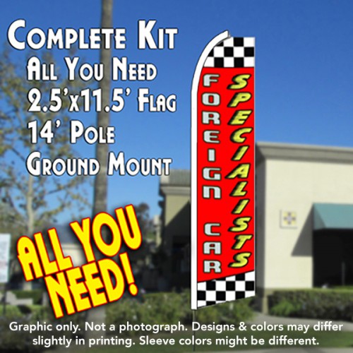 FOREIGN CAR SPECIALISTS (Red/Checkered) Flutter Feather Banner Flag Kit (Flag, Pole, & Ground Mt)